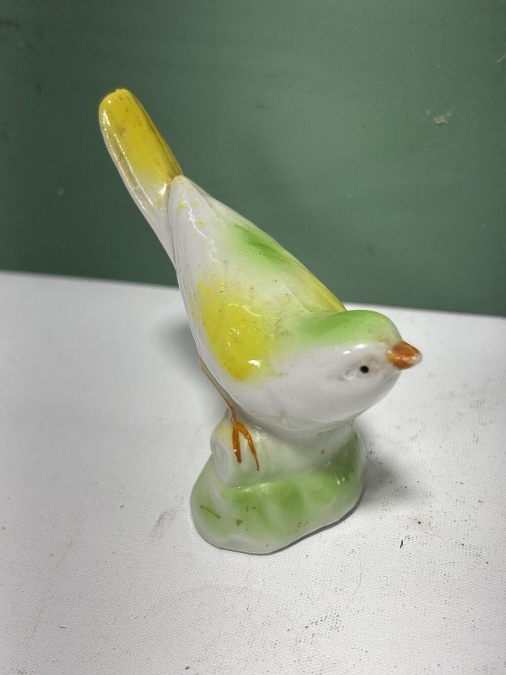 Vintage Japan Ceramic Songbird Figurine Green Yellow Mid Century 3 Inch